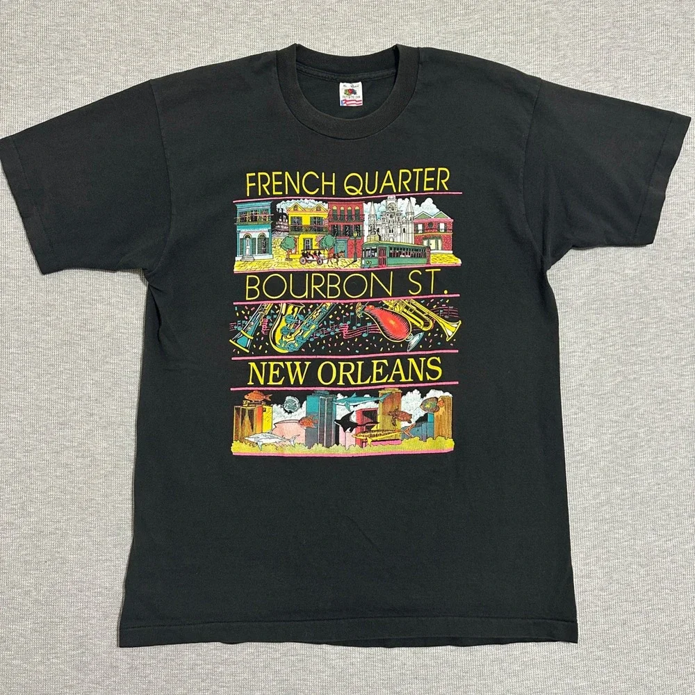 Vintage 90s New Orleans French Quarter Bourbon St Neon Graphic Tee Black Mens XL